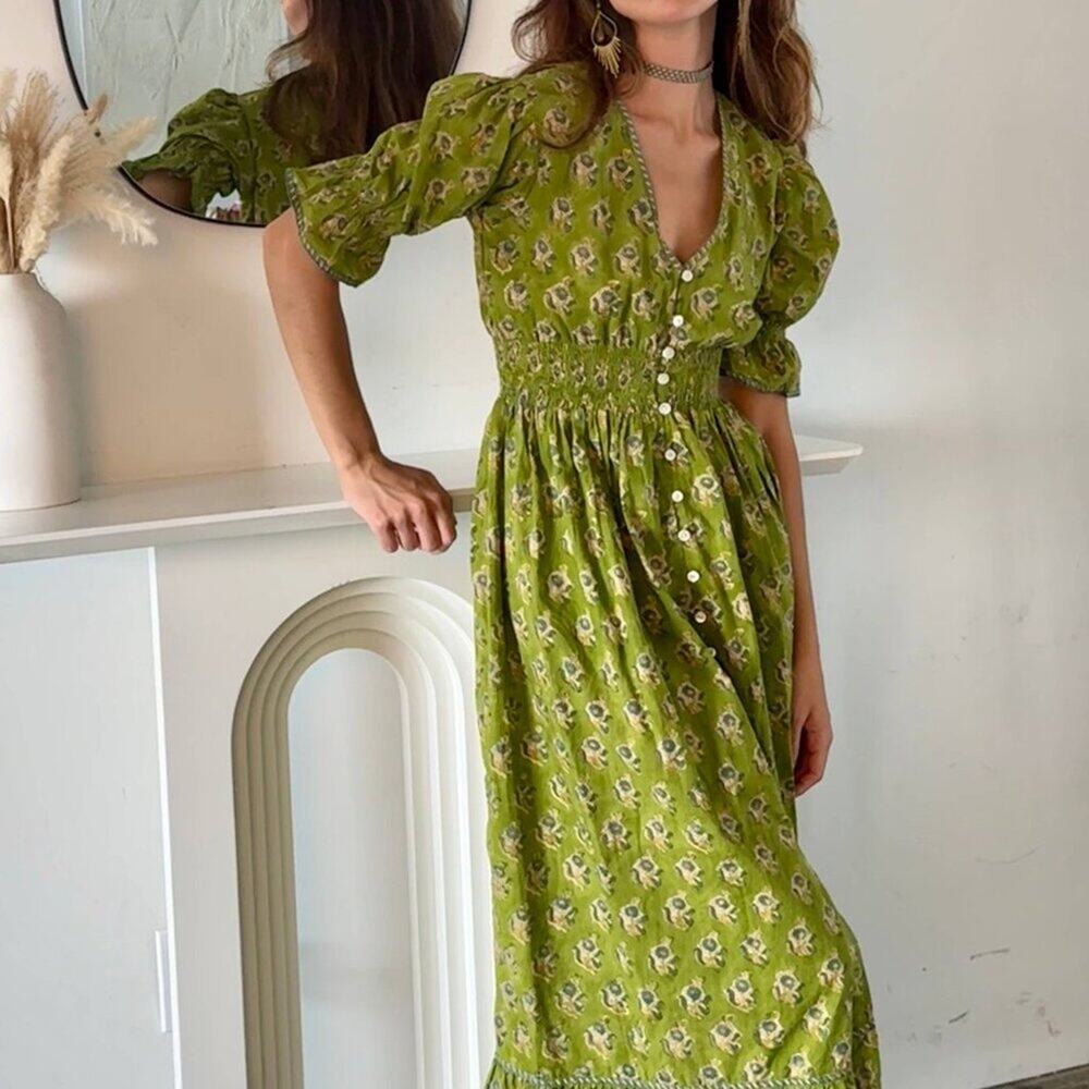 Fox & Mermaid Block Print Boho Maxi Dress Green Cottagecore XL - Picture 2 of 9
